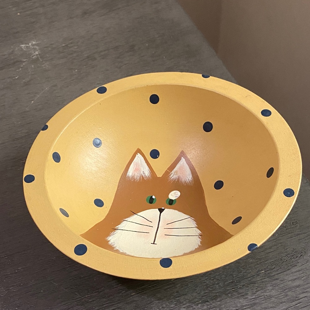 Hand-Painted Cat  On Wood Bowl